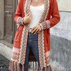 [Bohemian Fringed Cardigan Coat] American Western Bohemian Fringed Cardigan Women'S Retro Color-Block Geometric Pattern Hem Fringed Design Mid-Length Ethnic Style Coat