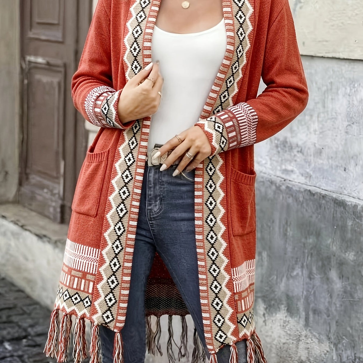 [Bohemian Fringed Cardigan Coat] American Western Bohemian Fringed Cardigan Women'S Retro Color-Block Geometric Pattern Hem Fringed Design Mid-Length Ethnic Style Coat