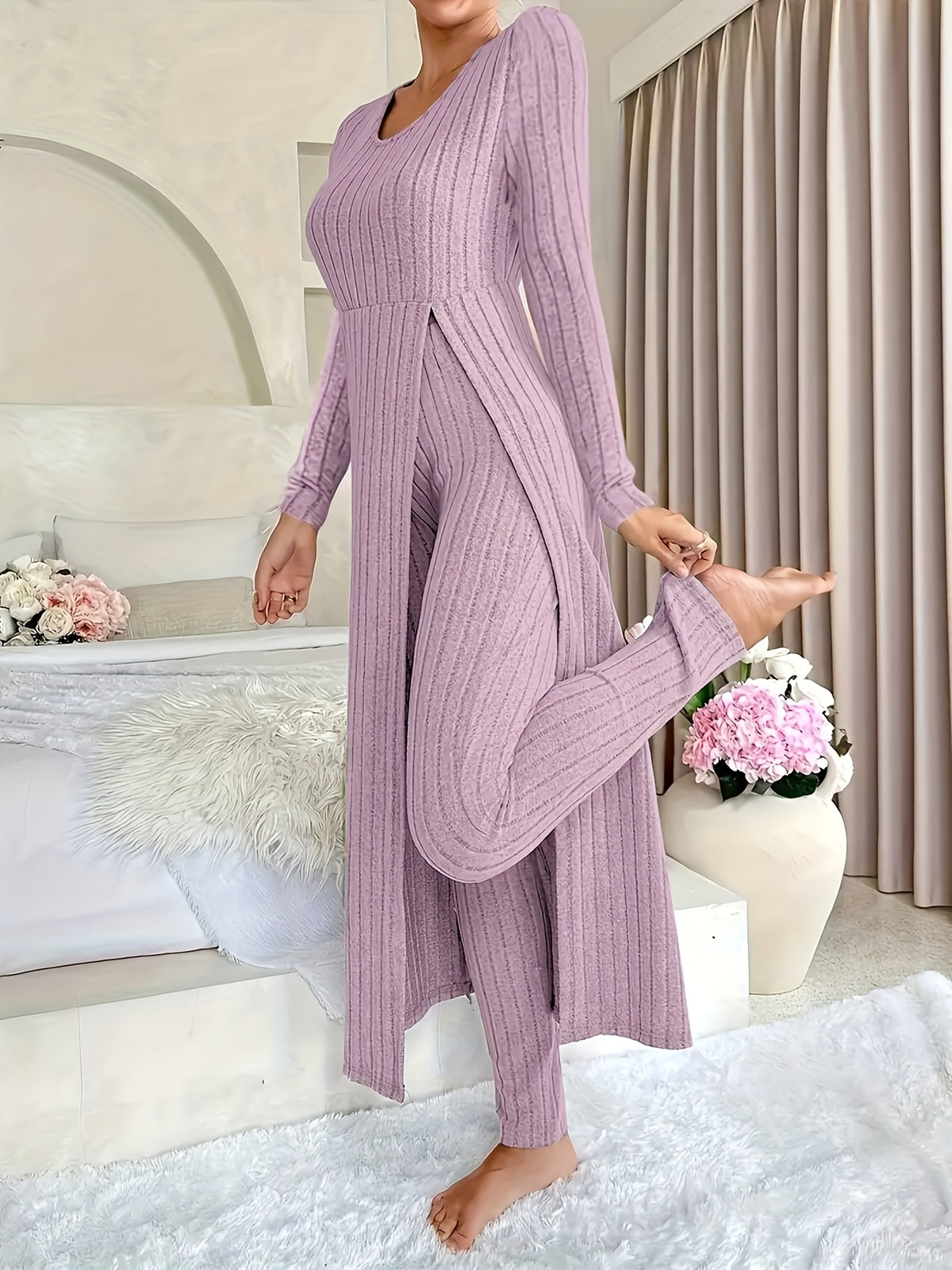 Autumn-Winter Casual Robe and Long Pants Set, High Slit Dress Set, Hair Needle Material, Suitable for Daily Wear, Home Casual Wear