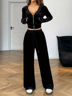 Spring/Summer Black Rhinestone Decorated Hooded Zipper Top and Pocket Pants Women's Casual Suit