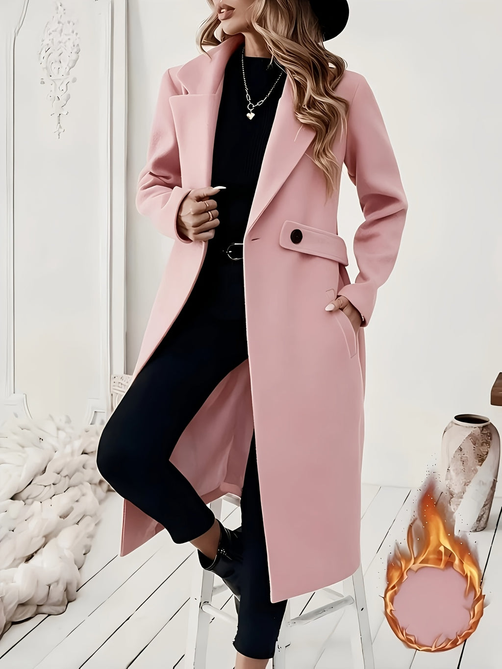 New Autumn/Winter Classic Notched Lapel Long for Women, Waist-Cinching with Tie Belt and Two-Button Design, Over-the-Knee Outerwear, Elegant Commuter Style, Draped and Structured Long-Sleeve with Side Pockets, Simple and Versatile, Slim Fit