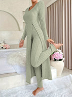 [Designer Ribbed Set] Women's Ribbed 2pcs Set | Designer Round Neck Split Long Sleeve Top and Pants for Spring and Autumn
