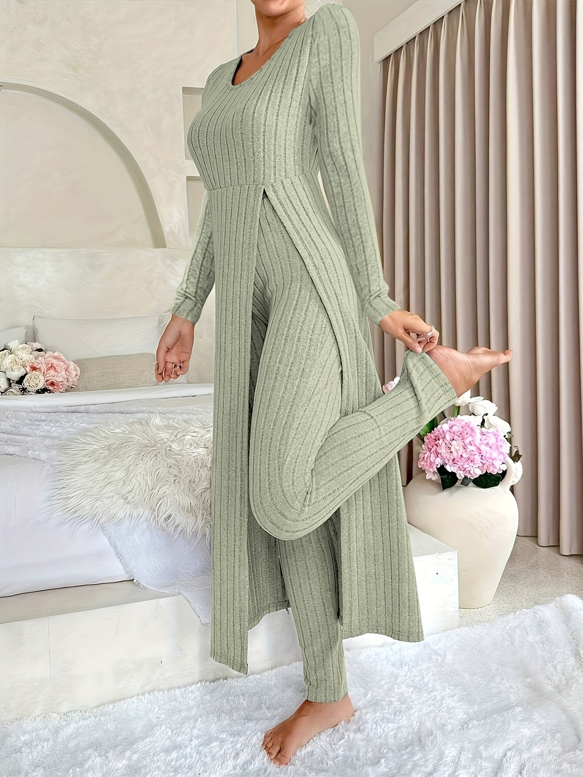 [Designer Ribbed Set] Women's Ribbed 2pcs Set | Designer Round Neck Split Long Sleeve Top and Pants for Spring and Autumn