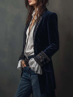 Athenaïs | Vintage Long Embroidered Navy Blue Jacket