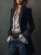 Athenaïs | Vintage Long Embroidered Navy Blue Jacket