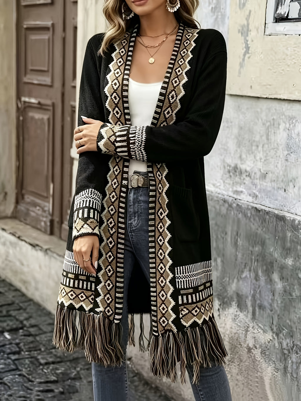 [Bohemian Fringed Cardigan Coat] American Western Bohemian Fringed Cardigan Women'S Retro Color-Block Geometric Pattern Hem Fringed Design Mid-Length Ethnic Style Coat