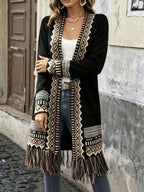 [Bohemian Fringed Cardigan Coat] American Western Bohemian Fringed Cardigan Women'S Retro Color-Block Geometric Pattern Hem Fringed Design Mid-Length Ethnic Style Coat