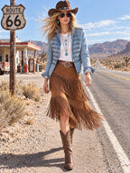 Western Retro Fringed Camel-colored Faux Suede Belted Midi Skirt