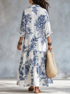 Bohemian Blue Floral Button-down Maxi Dress