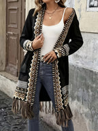 [Bohemian Fringed Cardigan Coat] American Western Bohemian Fringed Cardigan Women'S Retro Color-Block Geometric Pattern Hem Fringed Design Mid-Length Ethnic Style Coat