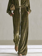 Retro-Casual Olive Green Plaid Velour Wide-Leg Jumpsuit