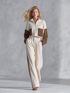 Casual & Warm Beige Color-Block Fleece Top and Wide-Leg Pants Set