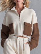 Casual & Warm Beige Color-Block Fleece Top and Wide-Leg Pants Set