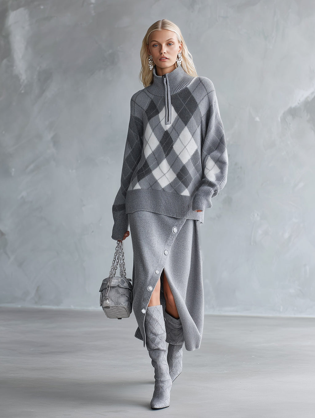 Premium Grey Mock-neck Plaid Sweater And Solid-color Slit Midi Skirt Set