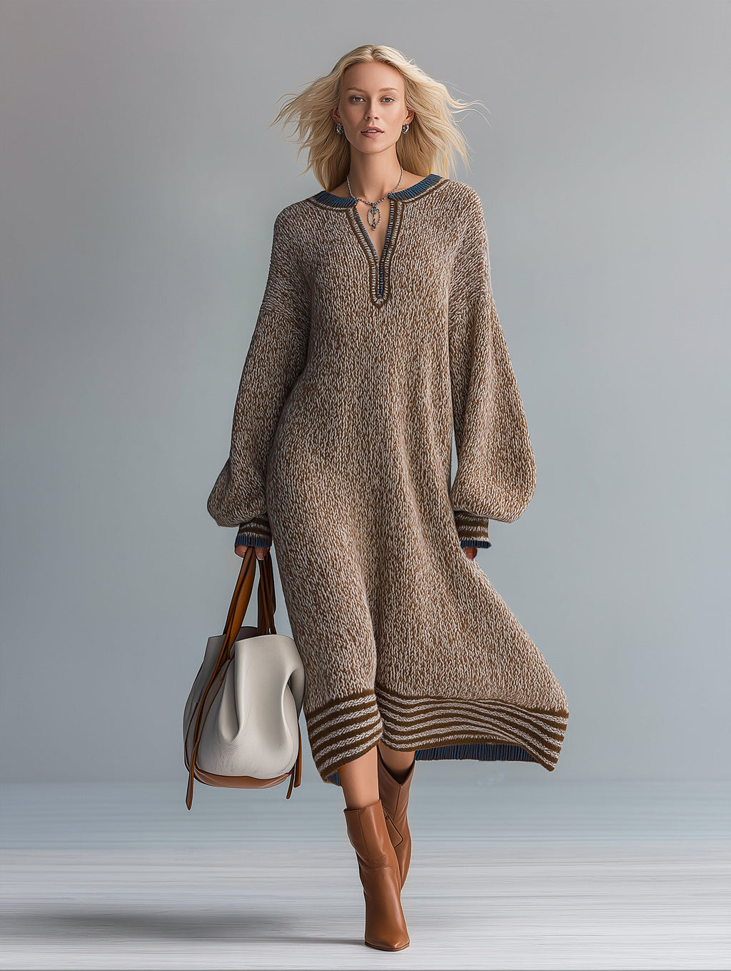 Oversized Striped-trim Marled Knit Sweater Midi Dress