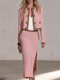 Retro Elegant Pink Contrast-Trim Knit Jacket And Slit Midi Skirt Set