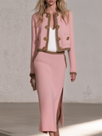 Retro Elegant Pink Contrast-Trim Knit Jacket And Slit Midi Skirt Set
