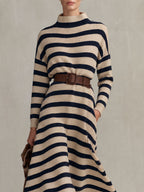 Retro Elegant Beige And Navy Striped Mock-Neck Belted Flared Knit Maxi Dress