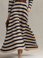 Retro Elegant Beige And Navy Striped Mock-Neck Belted Flared Knit Maxi Dress