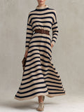 Retro Elegant Beige And Navy Striped Mock-Neck Belted Flared Knit Maxi Dress