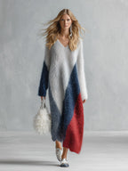 Chic Urban Color-Block Grey Long-Pile V-Neck Knit Maxi Dress