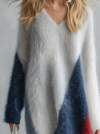Chic Urban Color-Block Grey Long-Pile V-Neck Knit Maxi Dress