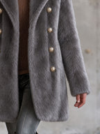 Retro Elegant Gray Faux Fur Notched Lapel Gold-Button Double-Breasted Coat