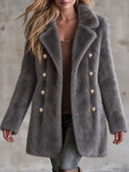 Retro Elegant Gray Faux Fur Notched Lapel Gold-Button Double-Breasted Coat