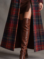Women's Tartan Plaid Military Style Long Velvet Coat