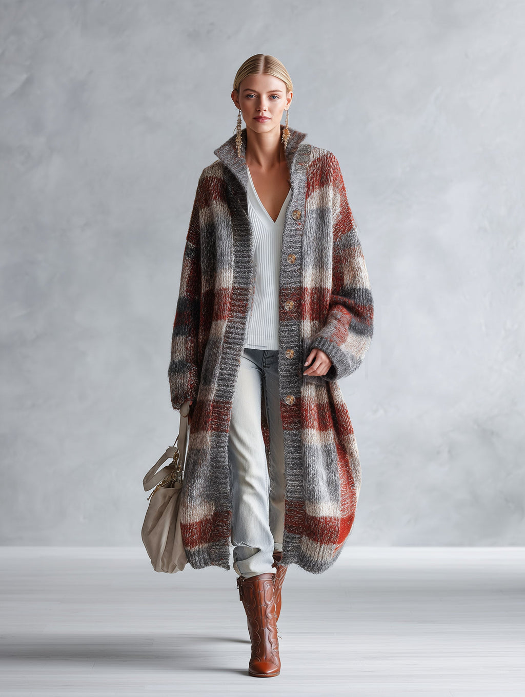 Retro Warm Plaid Knit Stand-Collar Long Cardigan