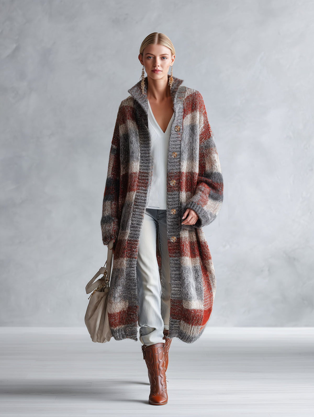 Retro Warm Plaid Knit Stand-Collar Long Cardigan