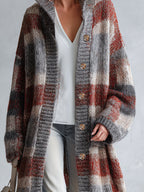 Retro Warm Plaid Knit Stand-Collar Long Cardigan