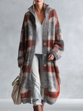 Retro Warm Plaid Knit Stand-Collar Long Cardigan