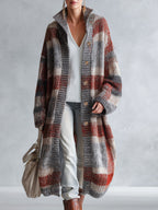 Retro Warm Plaid Knit Stand-Collar Long Cardigan
