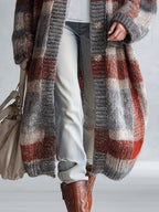 Retro Warm Plaid Knit Stand-Collar Long Cardigan