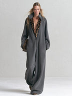 Chic Casual Leopard-Print Trim Grey Fleece Jumpsuit