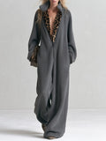 Chic Casual Leopard-Print Trim Grey Fleece Jumpsuit
