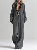 Chic Casual Leopard-Print Trim Grey Fleece Jumpsuit