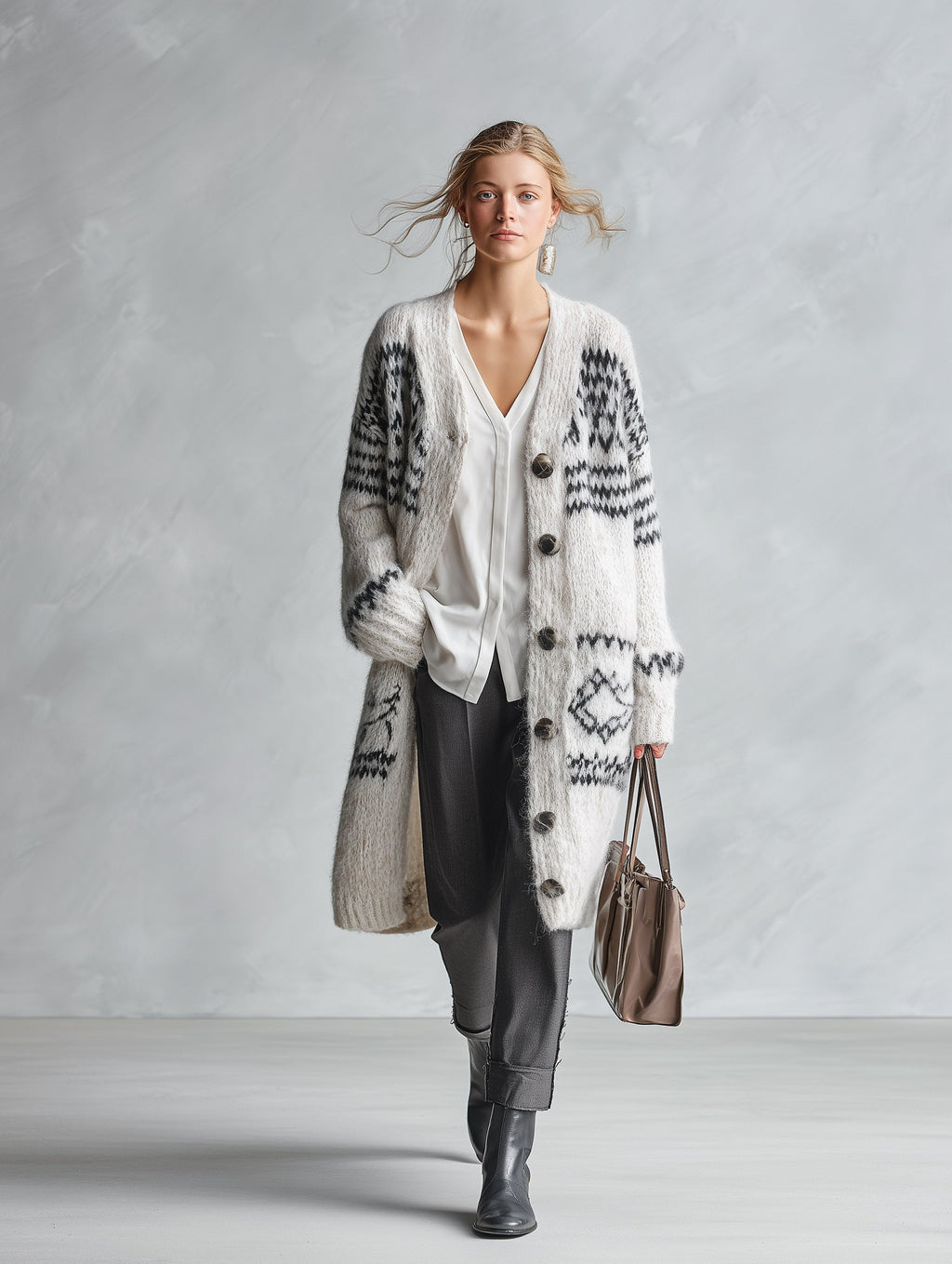Stylish And Warm White Geometric-Pattern Knit Cardigan