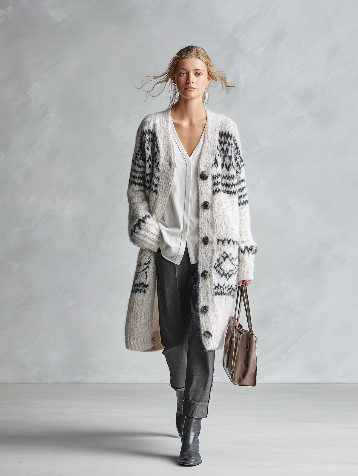 Stylish And Warm White Geometric-Pattern Knit Cardigan