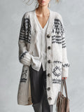 Stylish And Warm White Geometric-Pattern Knit Cardigan
