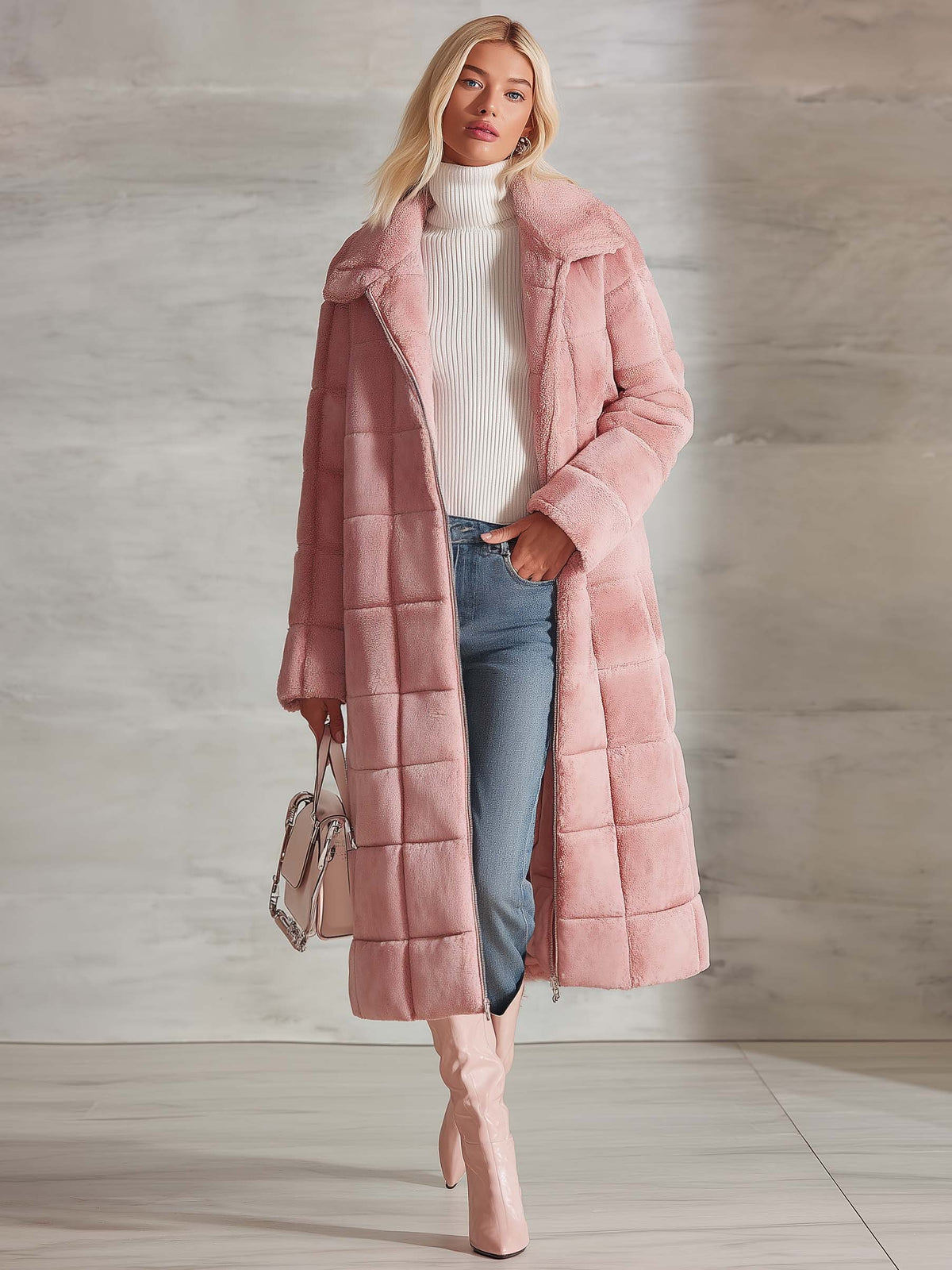 Cozy Elegant Women's Pink Plush Quilted Long Coat Zip-Up Lapel Warm Overcoat
