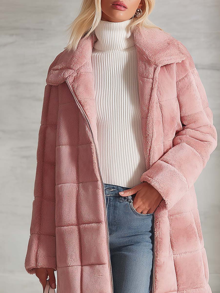 Cozy Elegant Women's Pink Plush Quilted Long Coat Zip-Up Lapel Warm Overcoat