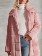 Cozy Elegant Women's Pink Plush Quilted Long Coat Zip-Up Lapel Warm Overcoat