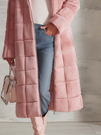 Cozy Elegant Women's Pink Plush Quilted Long Coat Zip-Up Lapel Warm Overcoat