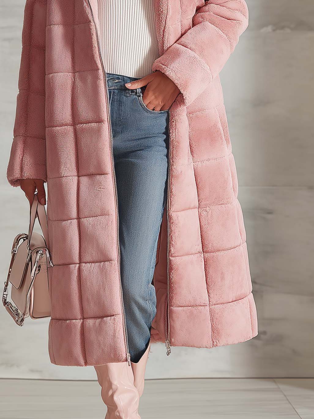 Cozy Elegant Women's Pink Plush Quilted Long Coat Zip-Up Lapel Warm Overcoat