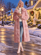 Cozy Elegant Women's Pink Plush Quilted Long Coat Zip-Up Lapel Warm Overcoat