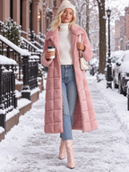 Cozy Elegant Women's Pink Plush Quilted Long Coat Zip-Up Lapel Warm Overcoat