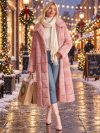 Cozy Elegant Women's Pink Plush Quilted Long Coat Zip-Up Lapel Warm Overcoat