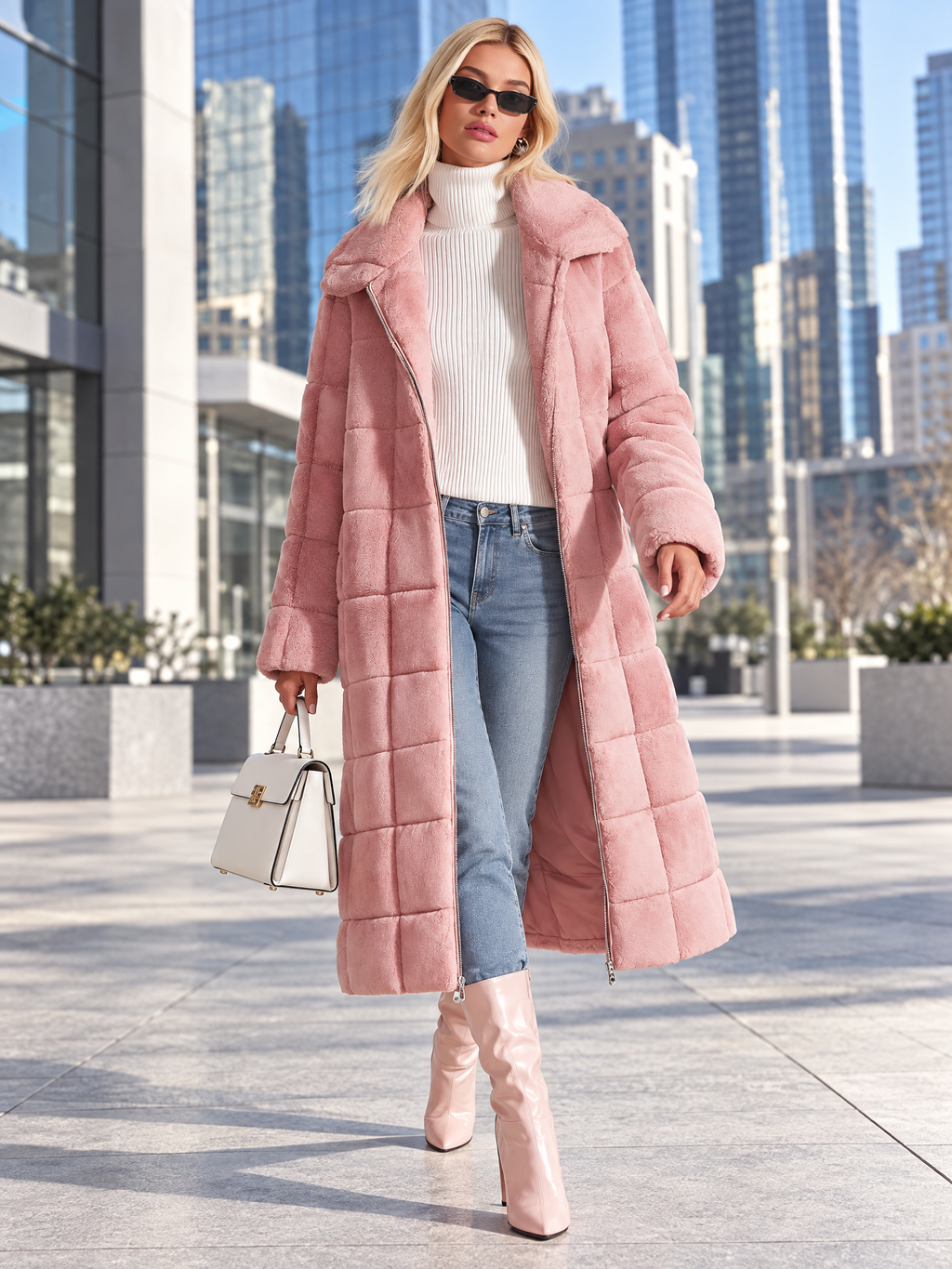 Cozy Elegant Women's Pink Plush Quilted Long Coat Zip-Up Lapel Warm Overcoat